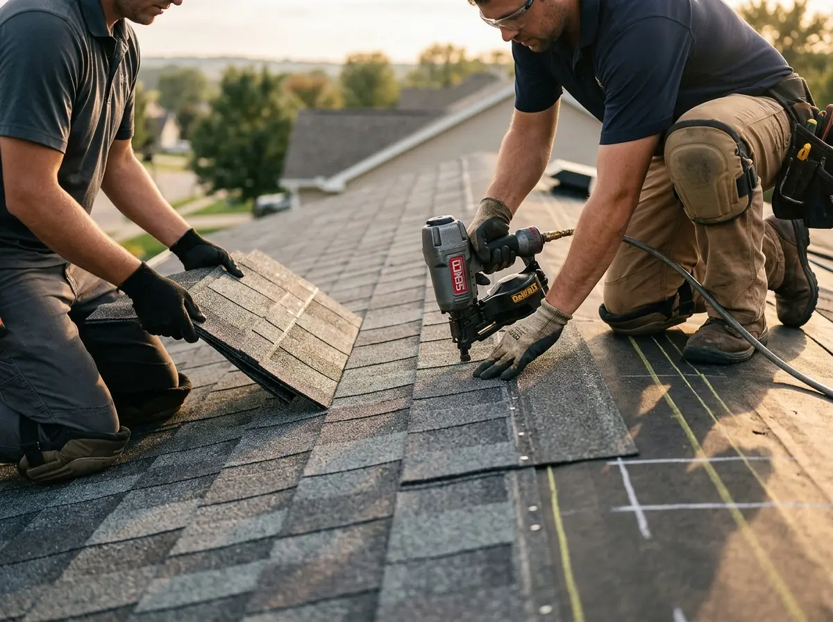 Professional roofer working on a residential roof in Charlton